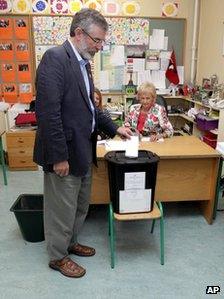 Sinn Fein president Gerry Adams votes in Dundalk, Republic of Ireland, 31 May