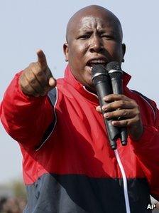 Former youth leader of the African National Congress (ANC) Julius Malema addresses mine workers at the Lonmin mine near Rustenburg, South Africa, Saturday, Aug. 18, 2012.