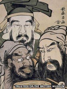 A triple bust portrait taken from the Chinese heroic novel - Romance of the Three Kingdoms. Liu Bei in centre at top. Guan Yu on right; Zhang Fei on left; pledging friendship with cup of wine