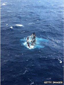 HMS Bounty half-submerged in the waters off North Carolina