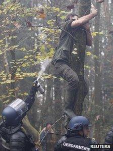 A riot police officer sprays tear gas at a protester up a tree