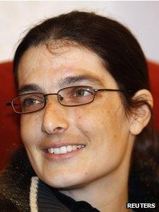 Swiss teacher Sylvia Abrahat, freed in Yemen, at Doha International Airport, 28 February