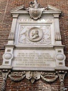 A marble plaque to Spanish Golden Age writer Miguel de Cervantes on a wall of the Convent of Trinitarians in central Madrid on 7 March
