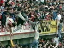 People being lifted over the stands at Hillsborough