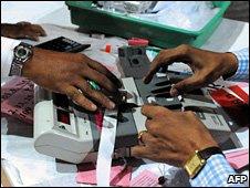 Indian officials inspect an electronic voting machine (2009)