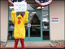 Activist in chicken costume