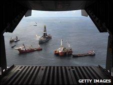 Ultra-deepwater rigs and other equipment being assembled at the oil spill site, 21 May