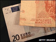 An old drachma note and a 20 euro note (file image)