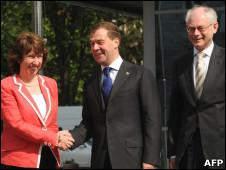 Russian President Dmitry Medvedev (centre) with EU foreign policy chief Baroness Ashton and European Council President Herman Van Rompuy, 31 May 10