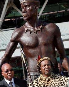 President Jacob Zuma (l) and Zulu King Goodwill Zwelithini (r) stand in front of a 3m-high statue of Zulu King Shaka at King Shaka International Airport, Durban, 8 May 2010