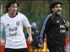 Lionel Messi (left) and Argentina coach Diego Maradona (right)