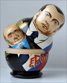 Russian matryoshka dolls depicting current Russian President Dmitry Medvedev and former President and current Prime Minister Vladimir Putin