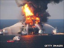 Fire boats tackle the blaze on the Deepwater Horizon in the Gulf of Mexico, 21 April