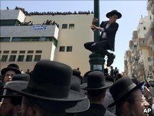 Ultra-Orthodox Jewish men protest in Bnei Brak, Israel, 17 June