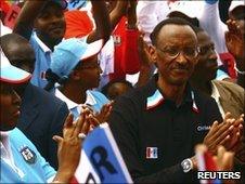 Rwanda's President Paul Kagame at a political rally by the the ruling Rwandan Patriotic Front (RPF) in the capital Kigali, 15 May 2010