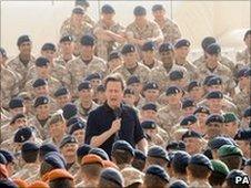 David Cameron talks to British troops in Afghanistan