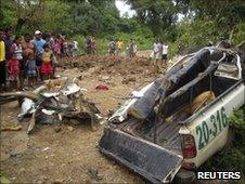 Remains of police vehicle destroyed by landmine blamed on National Liberation Army rebels - 20 June 2010