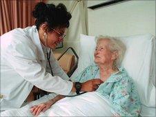 A doctor attends to a elderly female patient