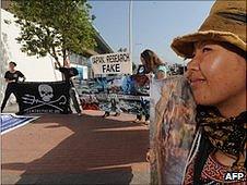 Anti-whaling protesters outside the talks in Agadir