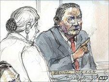 Artist's impression of Manuel Noriega in the Paris courtroom