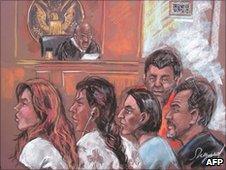 Five of the 10 arrested Russian spy suspects in a New York courtroom, 28 June