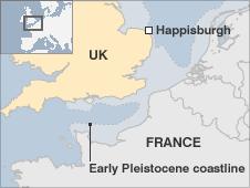 Map showing the south-east UK and Europe at the time these early humans lived