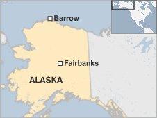 Map showing Barrow and Fairbanks, Alaska