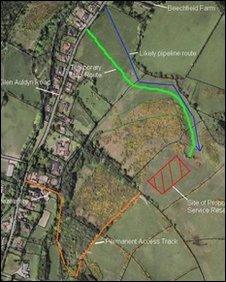 Red hatched area marks location of proposed reservoir (Pic: Manx government)