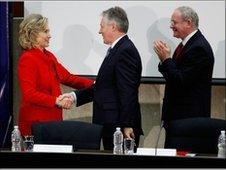 Hillary Clinton with Peter Robinson and Martin McGuinness