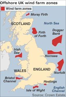 Map showing the new offshore UK wind farm zones