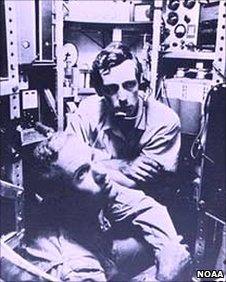 Don Walsh (left) and Jacques Piccard (right) in the bathyscaphe Trieste (Noaa Ship Collection)