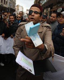 A man dressed as a corrupt politician at a protest in Casablanca, 22 November 2011