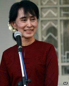 Aung San Suu Kyi at her lakeside residence Wednesday