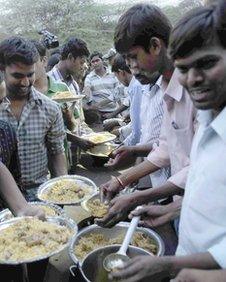 Dalit students eating beef biriyani at the Osmania University in Hyderabad