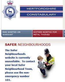 Hertfordshire Police website showing the removal of the Safer Neighbourhood Teams' webpage