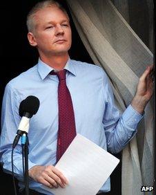 Wikileaks founder Julian Assange at the Ecuadorian embassy in London on 19 August 2012