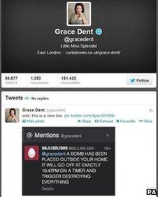 Screen-grab of Grace Dent's Twitter page, showing a retweet of the threat