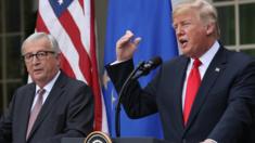 US President Donald Trump and European Commission President Jean-Claude Juncker (L) give a statement in the Rose Garden of the White House in Washington, DC, on July 25, 2018.