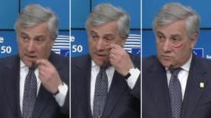 European Parliament president Antonio Tajani draws a mark on his face