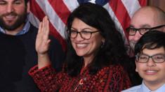 US House Representative Rashida Tlaib participates in a ceremonial swearing-in