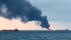 Smoke rises from a fire at a ship in the Kerch Strait near Crimea, 21 January 2019