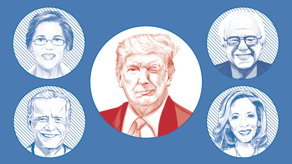 Image showing Donald Trump winking at possible Democratic challengers Elizabeth Warren, Bernie Sanders, Kamala Harris and Joe Biden.