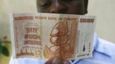 A man looks at a 50bn dollar bank note issued by Zimbabwe's central bank on January 13, 2009.