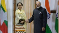 অং সান সু চি ও নরেন্দ্র মোদী। দিল্লিতে, জানুয়ারি ২০১৮