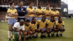 GOODISON PARK, ENGLAND, JULY 19th 1966: Brazil team group: (back row, l-r) Orlando, Manga, Brito, Denilson, Rildo, Fidelis; (front row, l-r) trainer Americo, Jairzinho, Lima, Silva, Pele, Parana. Photo taken ahead of Group 3 match.