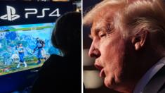 On the left of the image a woman is playing a fighting video game. On the right of the image, Donald Trump looks cross.