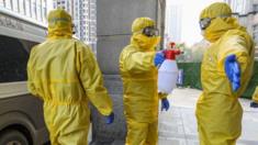 Funeral parlour staff wearing protective suits disinfecting a colleague after they transferred a body at a hospital in Wuhan
