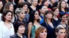 Sofia Boutella, Salma Hayek and Patty Jenkins pose on the red carpet during the 71st annual Cannes Film Festival on 12 May 2018 in Cannes, France