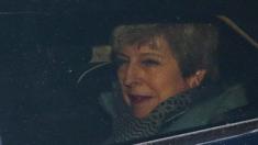 Theresa May seen leaving Parliament through a car window on 27 March