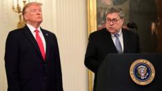 Donald Trump and William Barr give a press conference in December